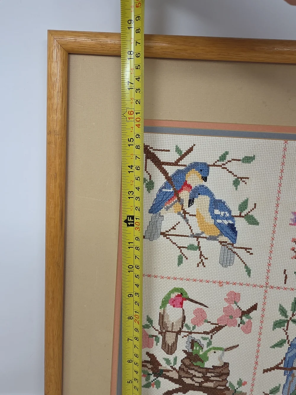 Framed Four-Panel Bird Cross-Stitch Wall Art in Blue, Pink & Green